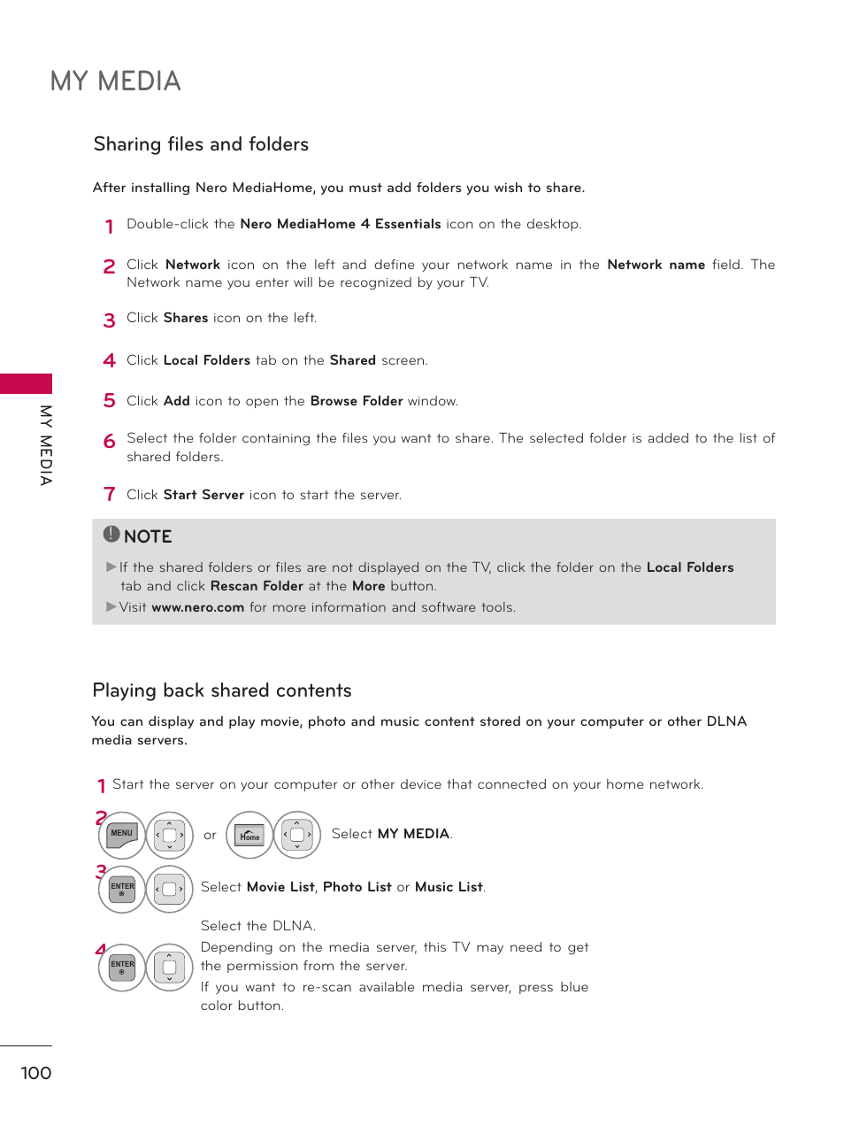 My media, Playing back shared contents, Sharing files and folders | LG 50PZ550 User Manual | Page 100 / 206