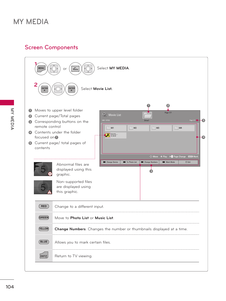 Screen components, My media, My m ed ia | LG 50PZ550 User Manual | Page 104 / 206