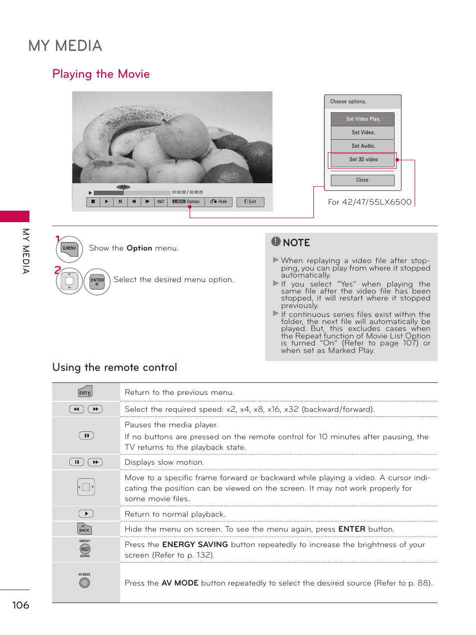 Playing the movie, My media, Using the remote control | My m ed ia | LG 50PZ550 User Manual | Page 106 / 206