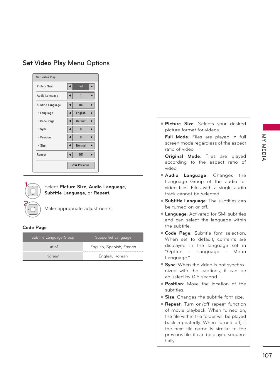 Set video play menu options, My m ed ia | LG 50PZ550 User Manual | Page 107 / 206