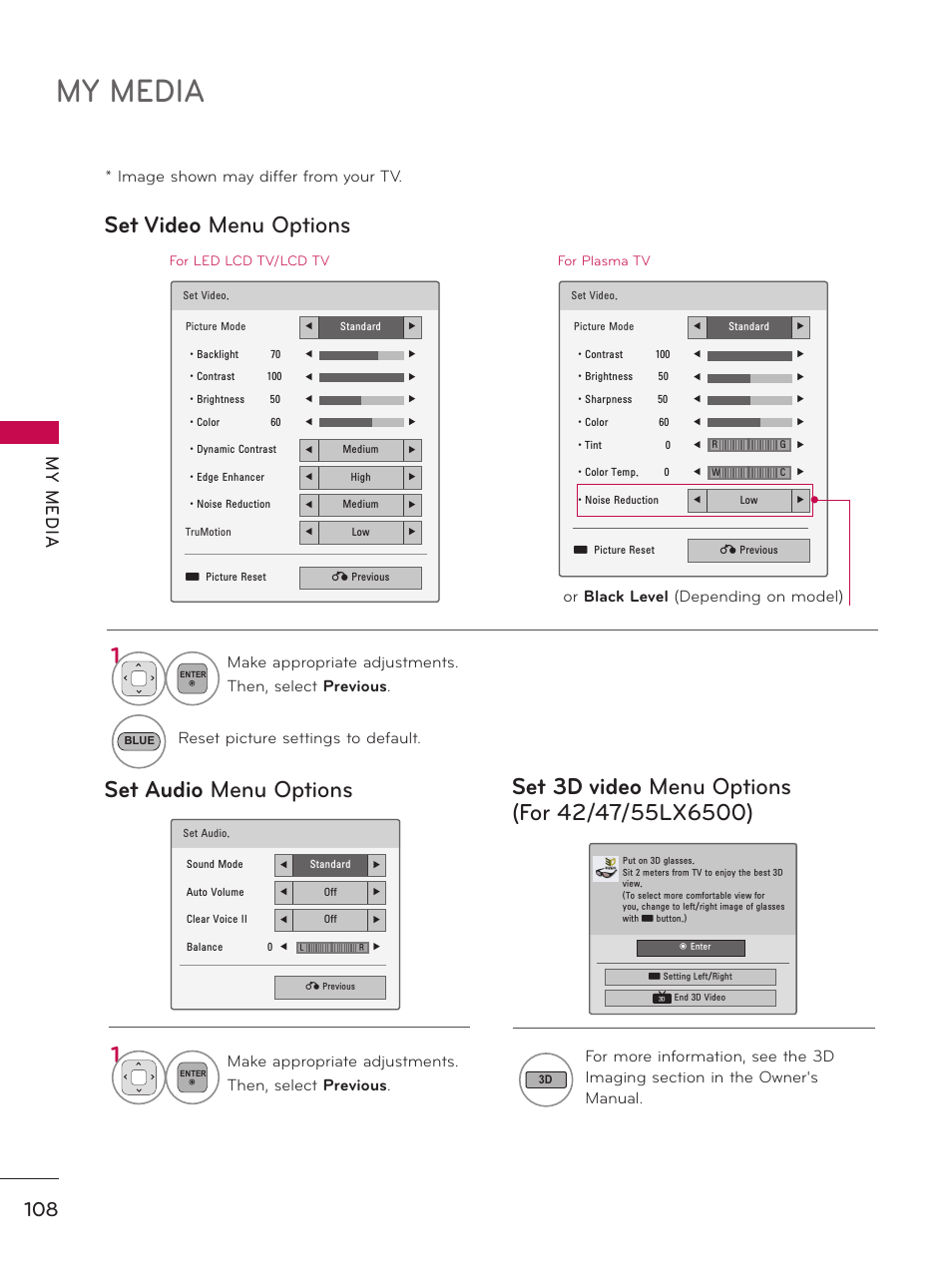 My media, Set video menu options set audio menu options, My m ed ia | LG 50PZ550 User Manual | Page 108 / 206