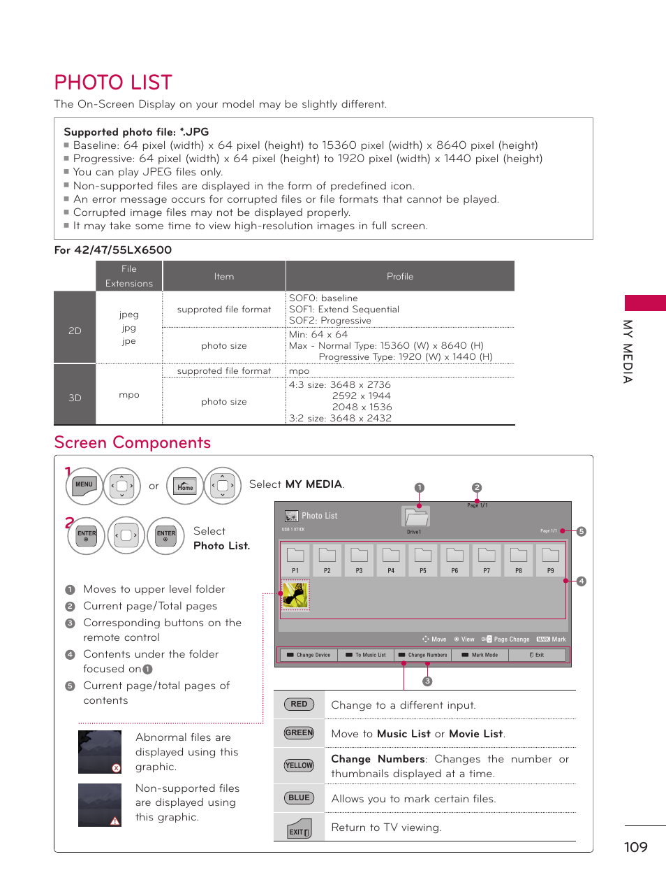 Photo list, Screen components, My m ed ia | LG 50PZ550 User Manual | Page 109 / 206
