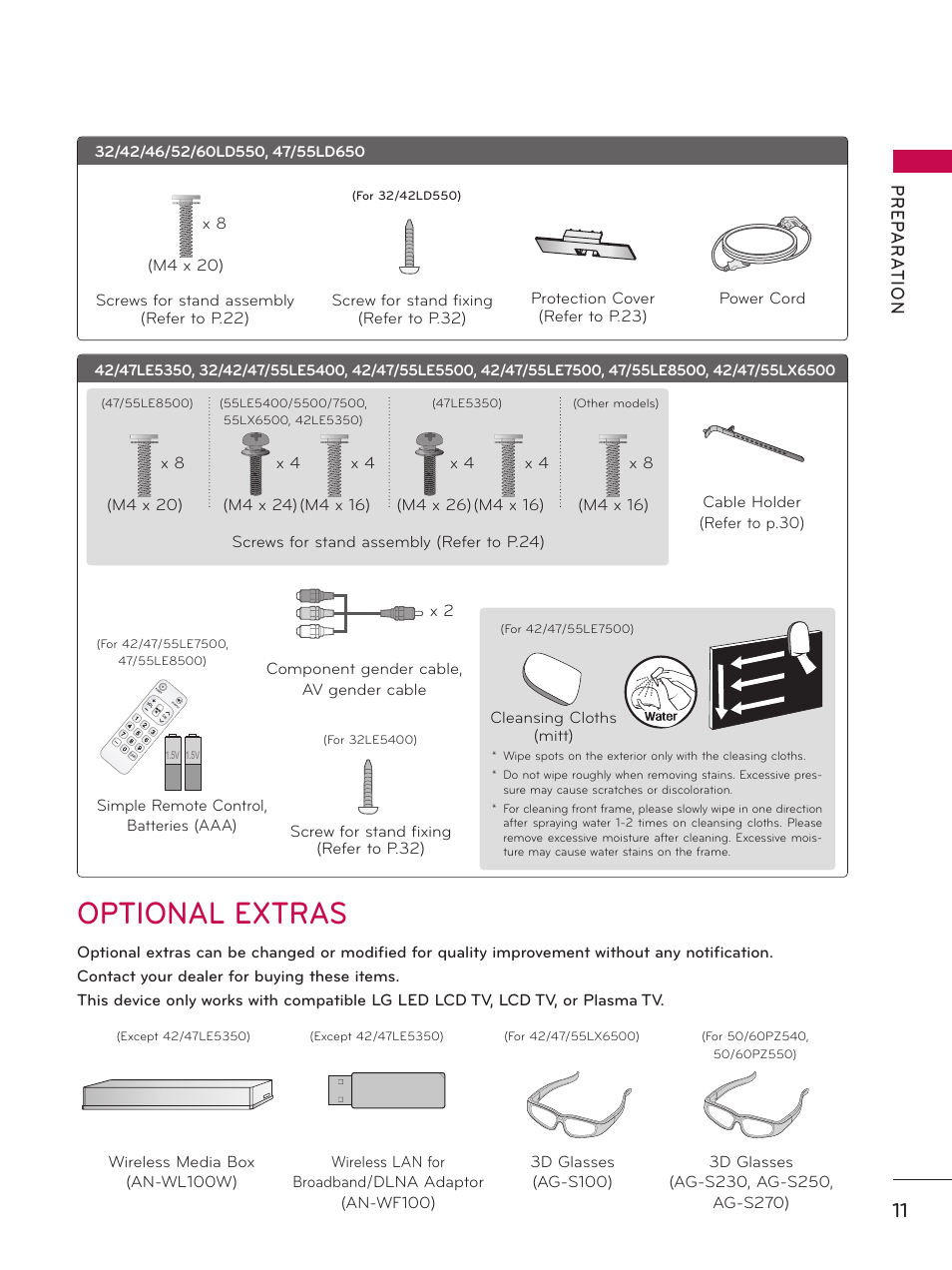 Optional extras, Pr ep a r at io n | LG 50PZ550 User Manual | Page 11 / 206