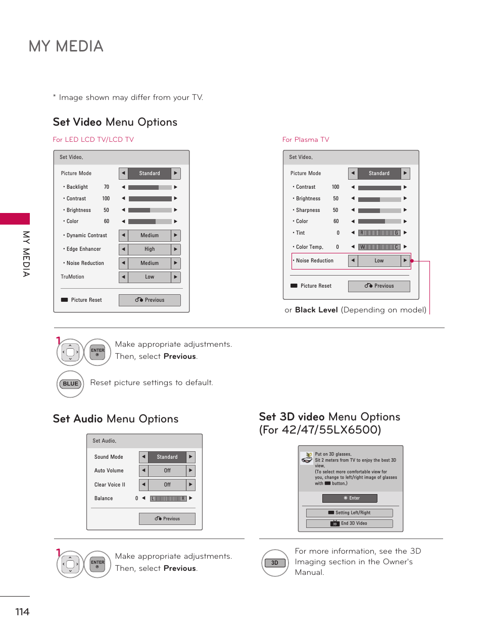 My media, Set video menu options set audio menu options, My m ed ia | LG 50PZ550 User Manual | Page 114 / 206
