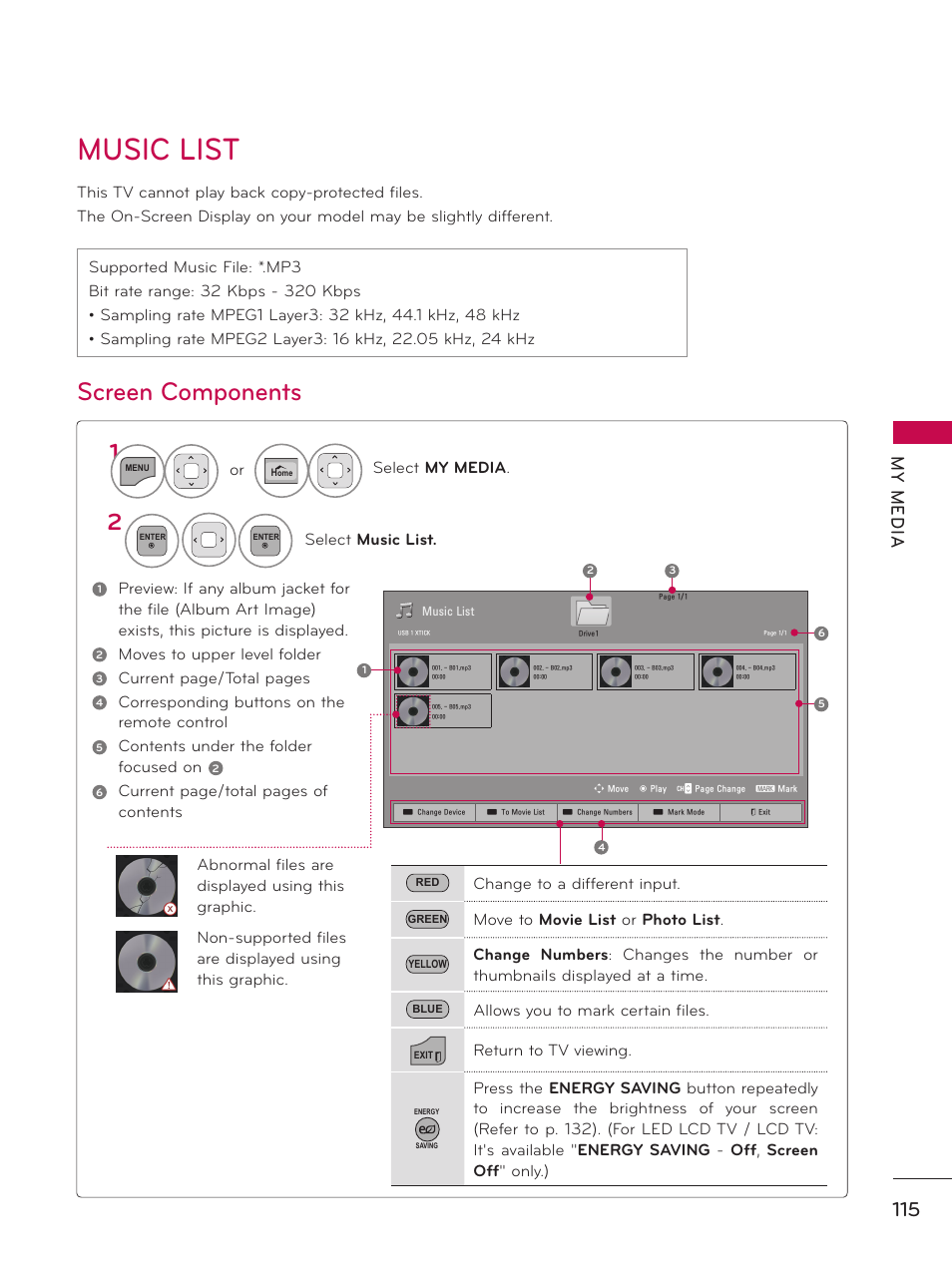 Music list, Screen components, My m ed ia | LG 50PZ550 User Manual | Page 115 / 206