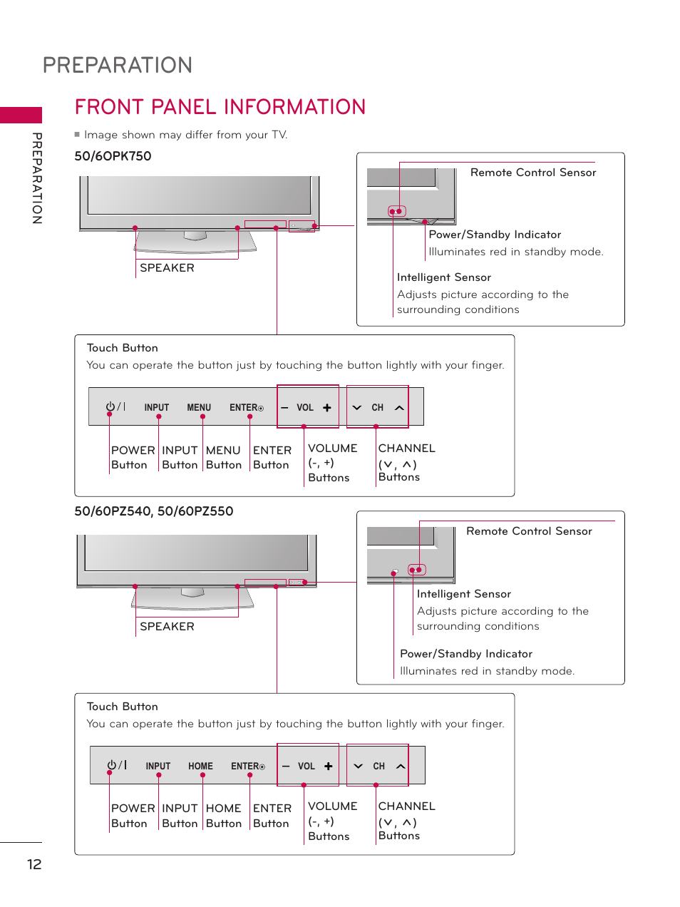 Front panel information, Preparation, Enter ch vol menu input enter ch vol home input | LG 50PZ550 User Manual | Page 12 / 206