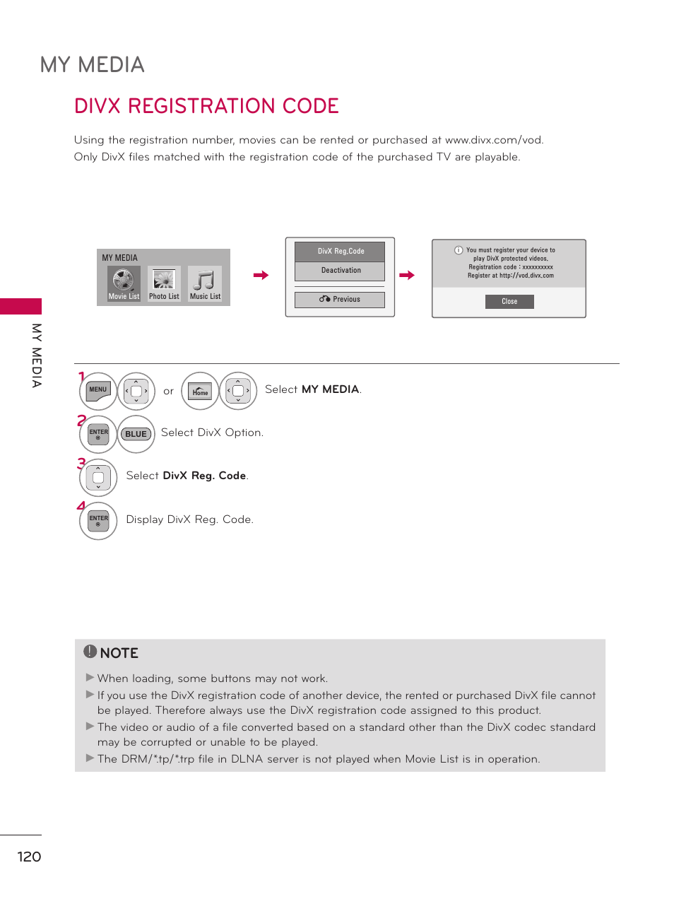 Divx registration code, My media | LG 50PZ550 User Manual | Page 120 / 206