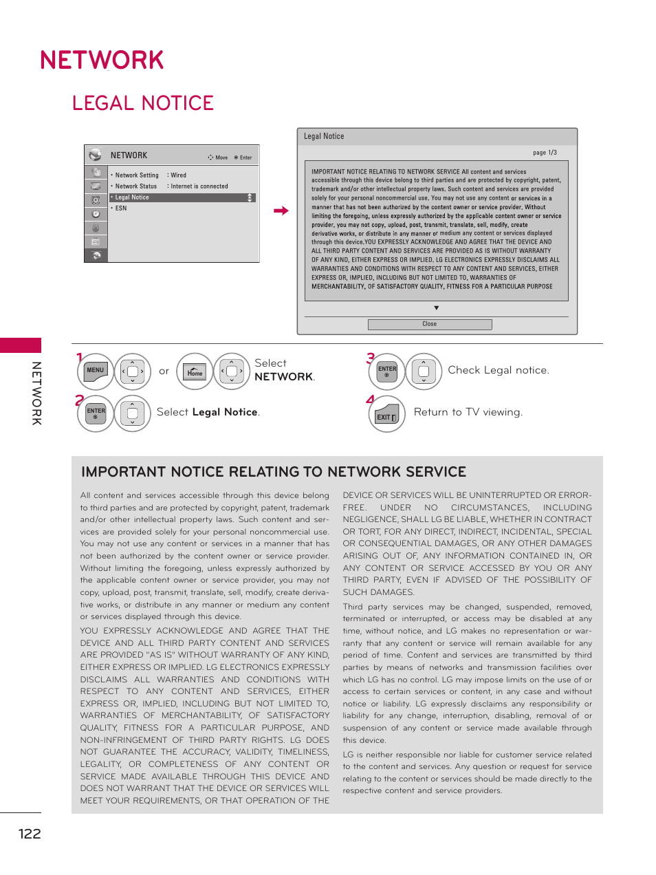 Network, Legal notice, Important notice relating to network service | LG 50PZ550 User Manual | Page 122 / 206