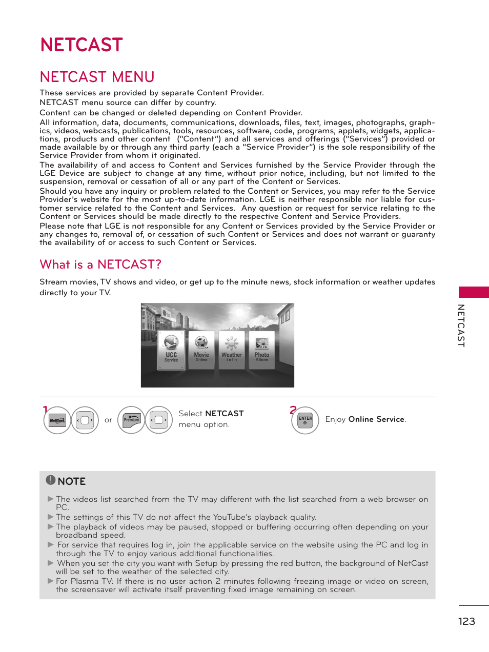 Netcast, Netcast menu, What is a netcast | LG 50PZ550 User Manual | Page 123 / 206