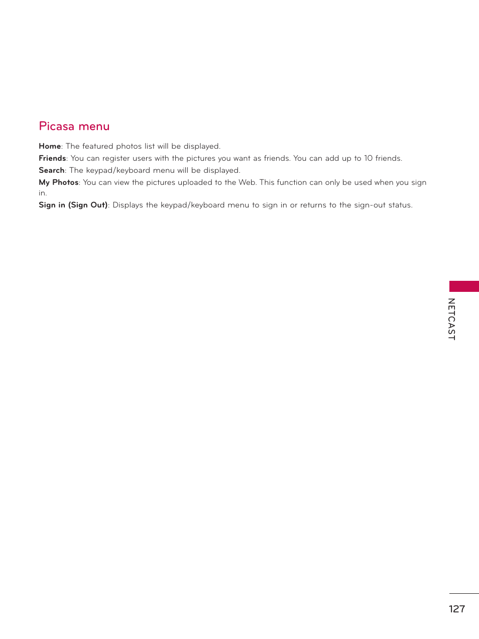 Picasa menu | LG 50PZ550 User Manual | Page 127 / 206