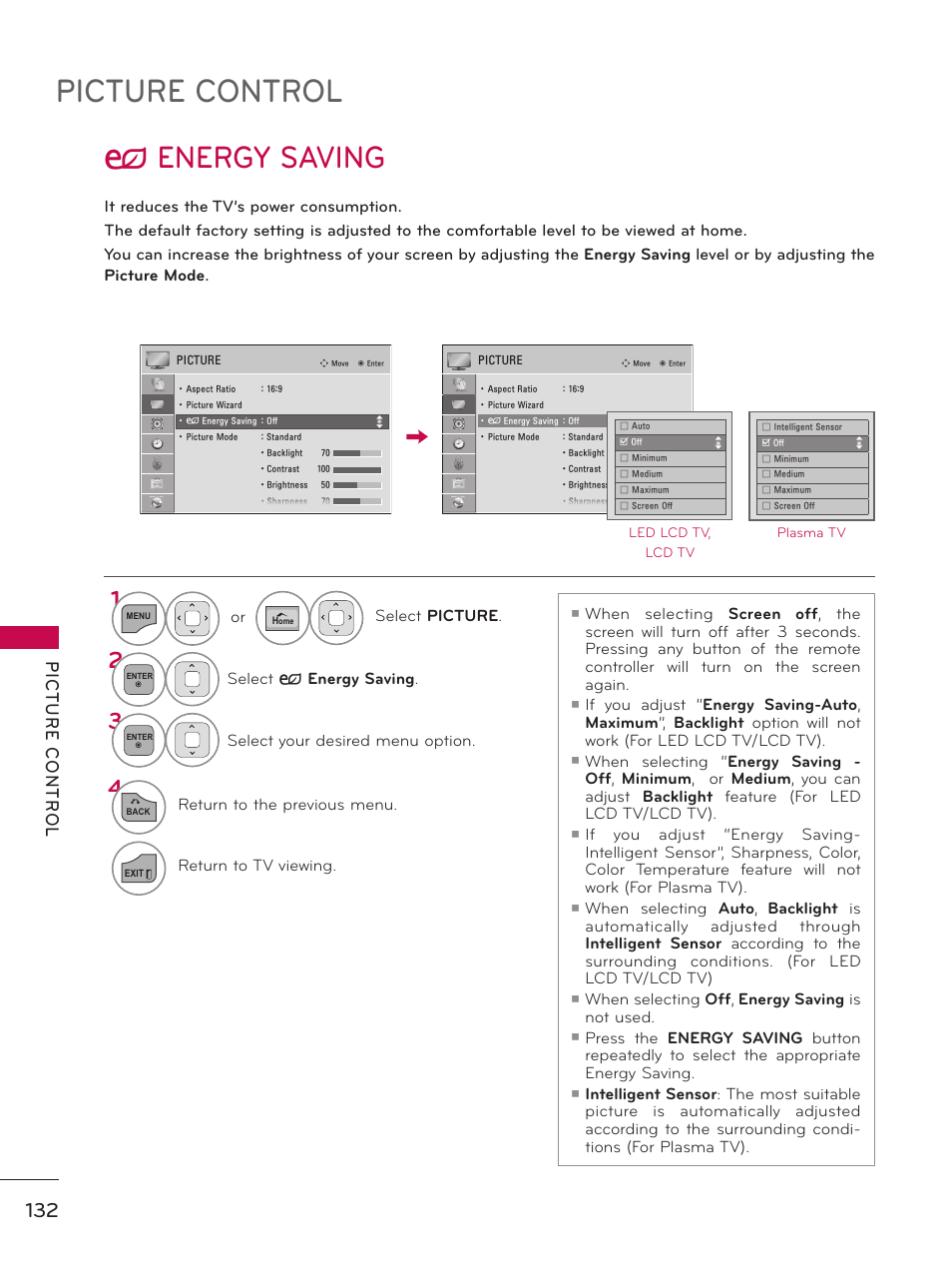 Energy saving, Picture control, ꕊ energy saving | LG 50PZ550 User Manual | Page 132 / 206