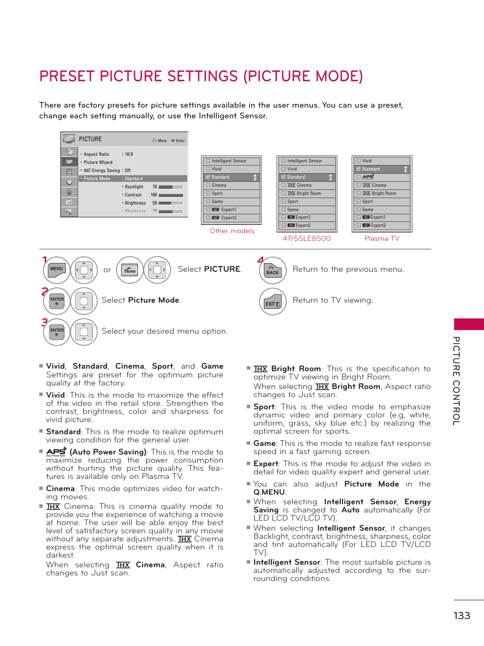 Preset picture settings (picture mode) | LG 50PZ550 User Manual | Page 133 / 206
