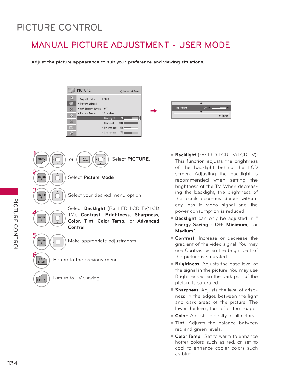 Manual picture adjustment - user mode, Picture control | LG 50PZ550 User Manual | Page 134 / 206