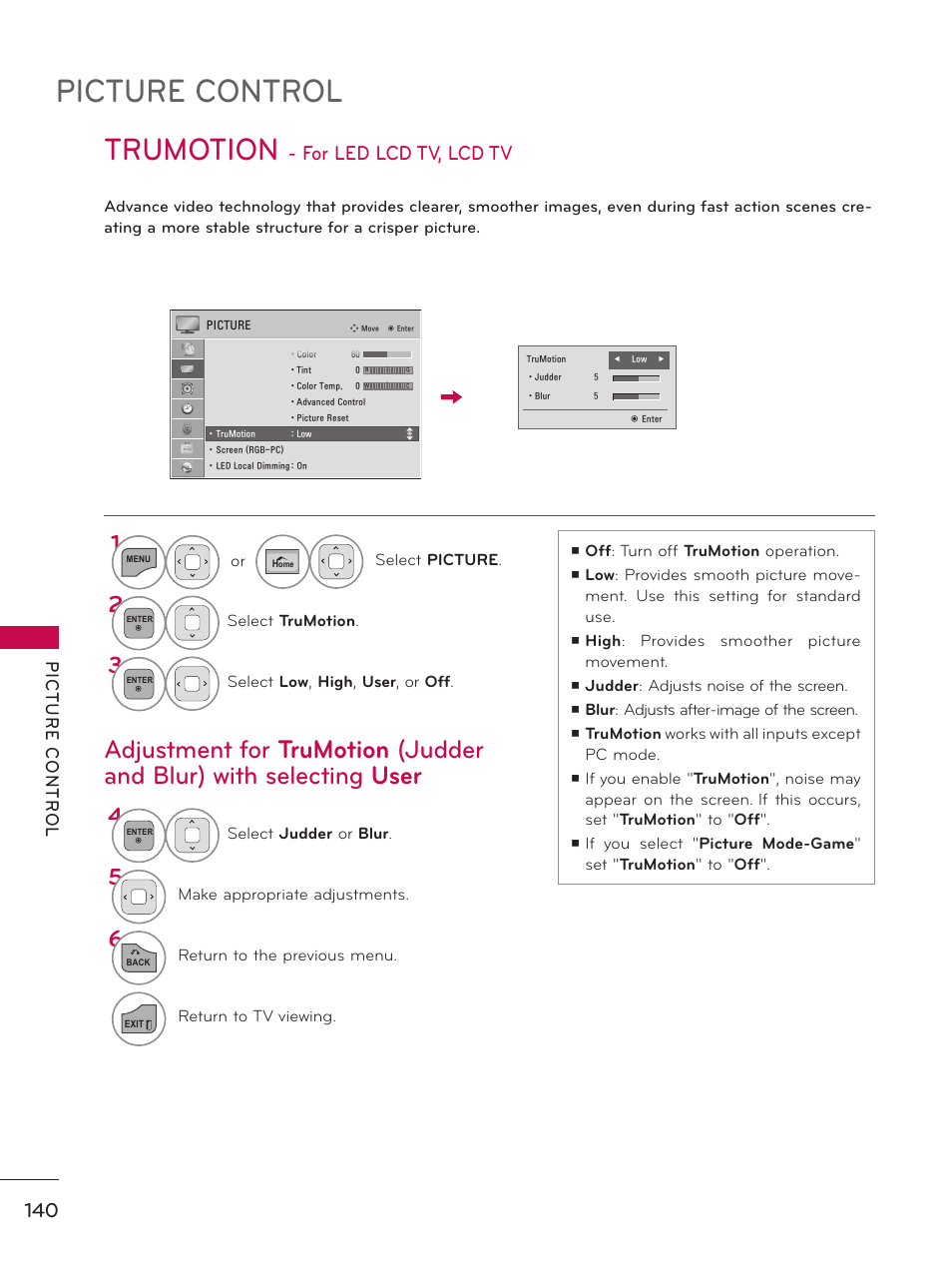 Trumotion, Picture control, For led lcd tv, lcd tv | LG 50PZ550 User Manual | Page 140 / 206