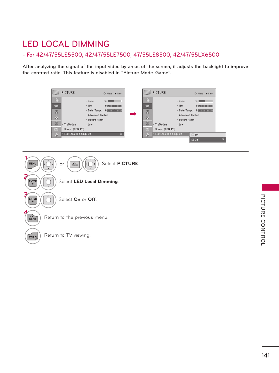 Led local dimming, Or select picture, Select led local dimming | Select on or off, Return to the previous menu, Return to tv viewing | LG 50PZ550 User Manual | Page 141 / 206