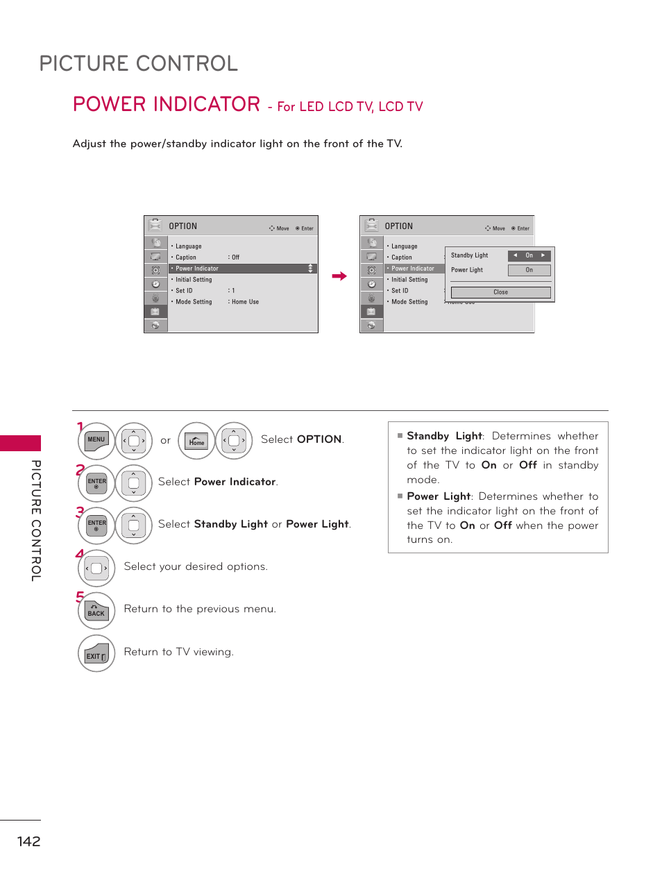 Power indicator, Picture control, For led lcd tv, lcd tv | LG 50PZ550 User Manual | Page 142 / 206