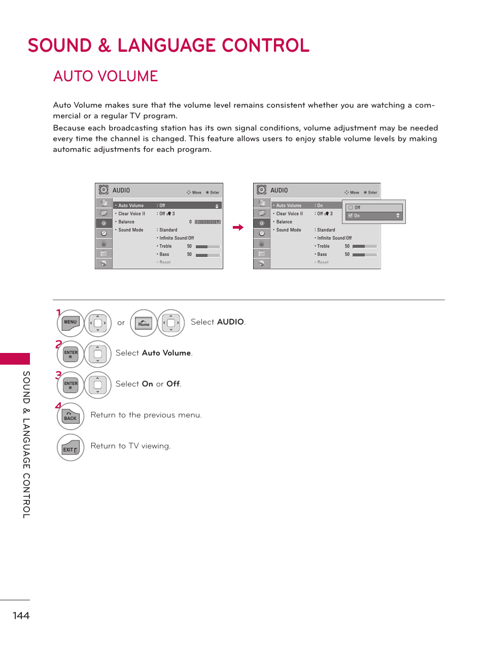 Sound & language control, Auto volume | LG 50PZ550 User Manual | Page 144 / 206