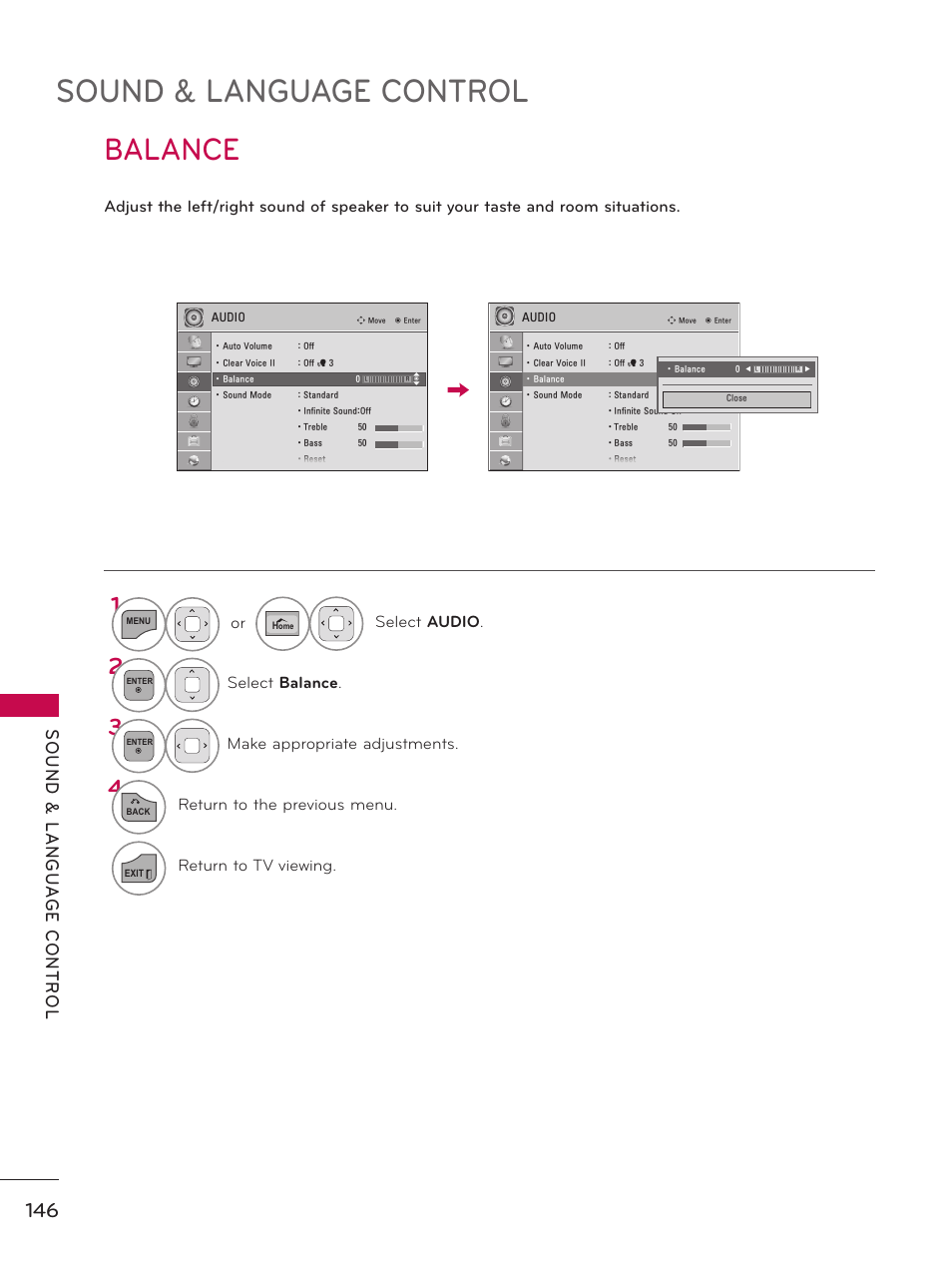 Balance, Sound & language control | LG 50PZ550 User Manual | Page 146 / 206