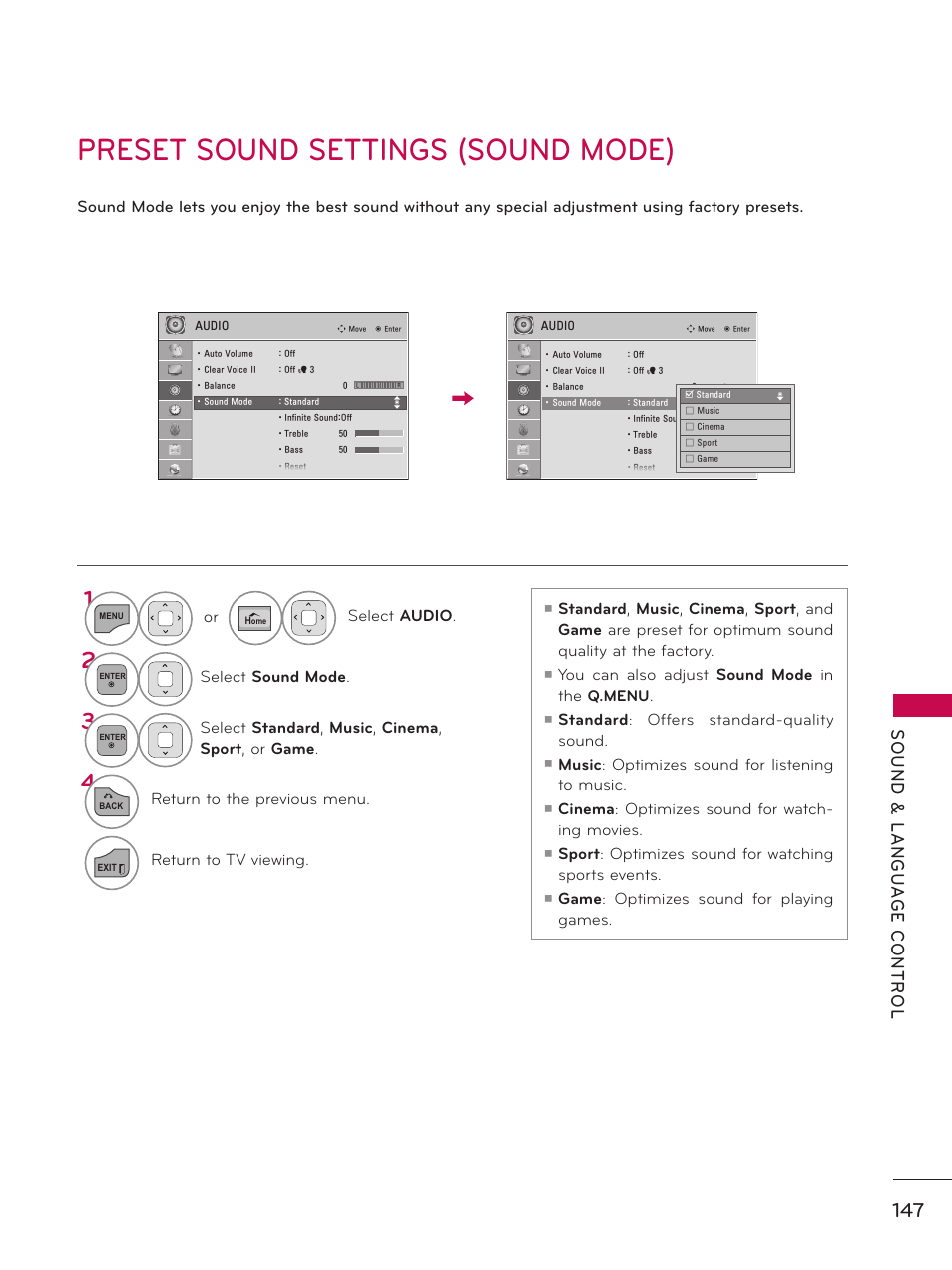 Preset sound settings (sound mode) | LG 50PZ550 User Manual | Page 147 / 206