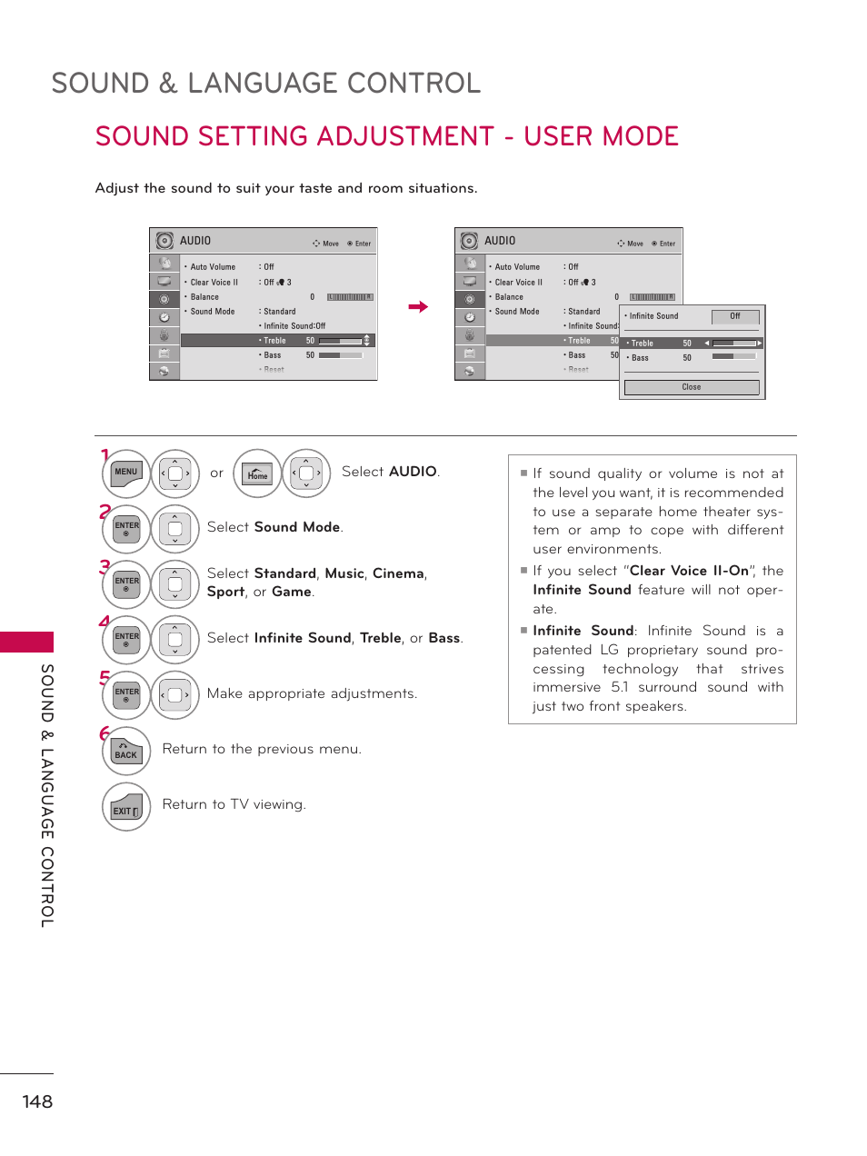 Sound setting adjustment - user mode, Sound & language control | LG 50PZ550 User Manual | Page 148 / 206