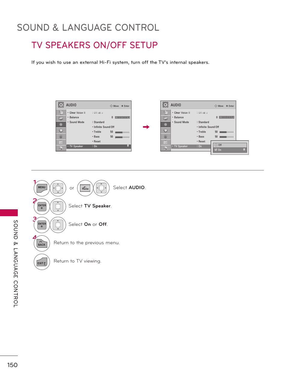 Tv speakers on/off setup, Sound & language control | LG 50PZ550 User Manual | Page 150 / 206