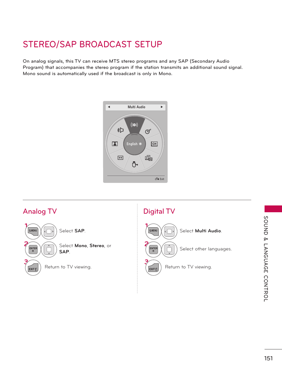 Stereo/sap broadcast setup, Analog tv digital tv | LG 50PZ550 User Manual | Page 151 / 206