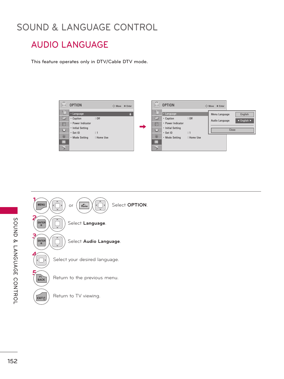 Audio language, Sound & language control | LG 50PZ550 User Manual | Page 152 / 206