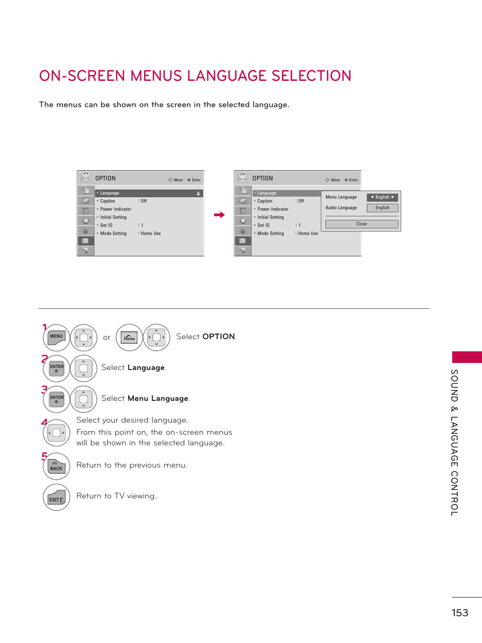 On-screen menus language selection | LG 50PZ550 User Manual | Page 153 / 206