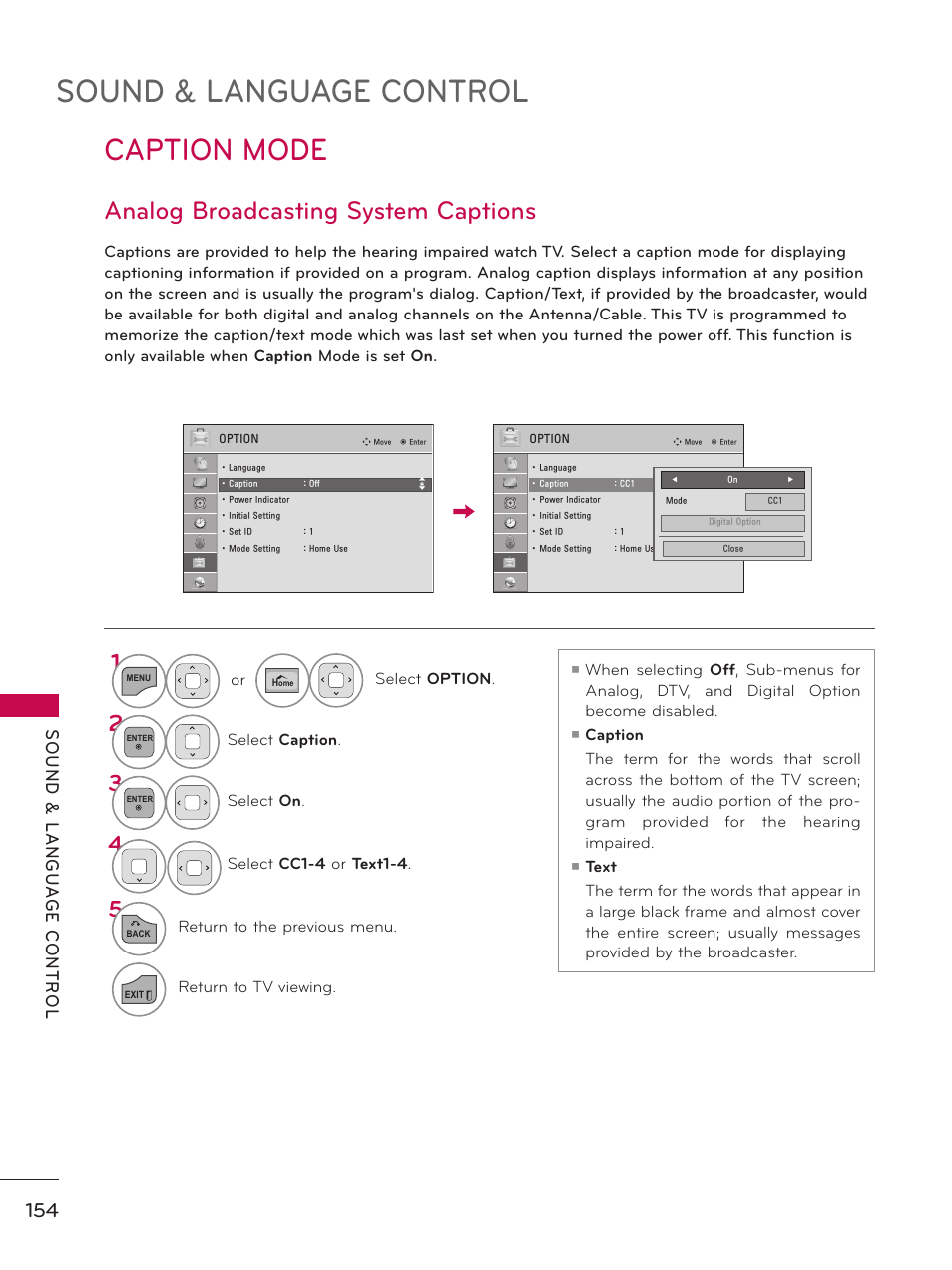 Caption mode, Analog broadcasting system captions, Sound & language control | LG 50PZ550 User Manual | Page 154 / 206