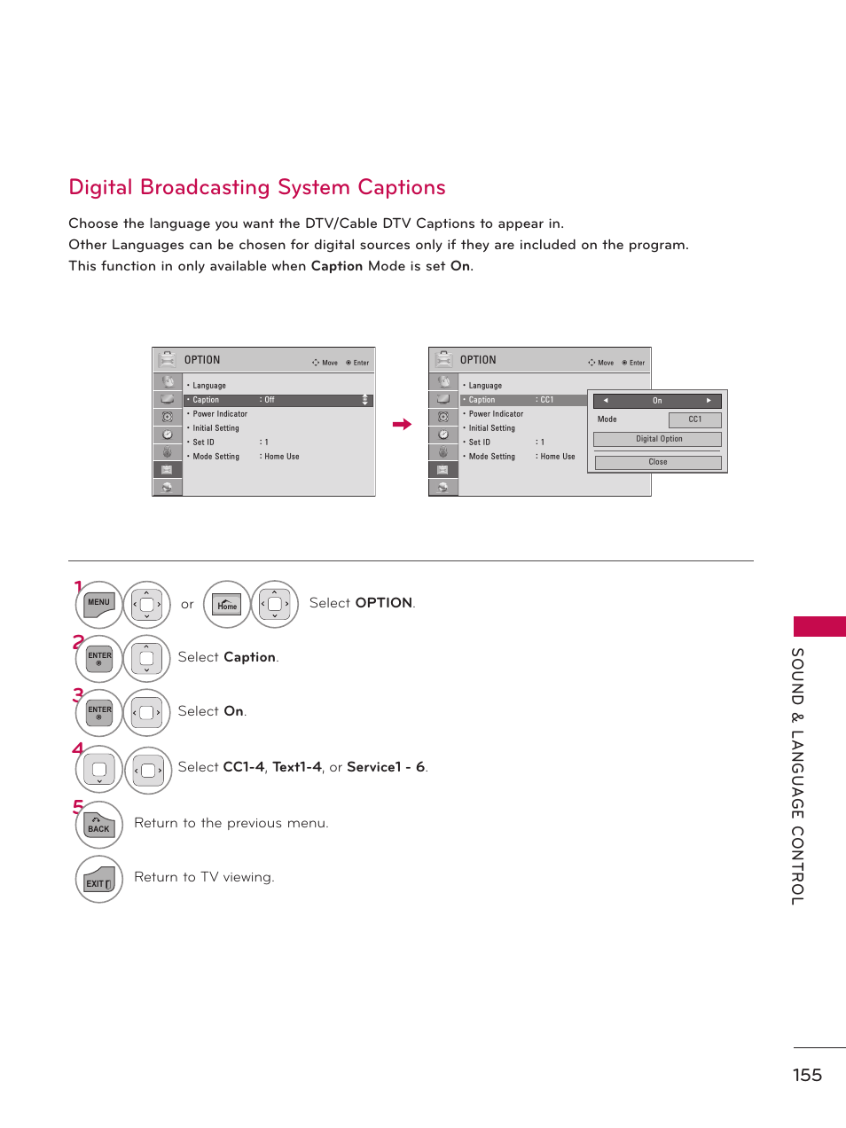 Digital broadcasting system captions | LG 50PZ550 User Manual | Page 155 / 206