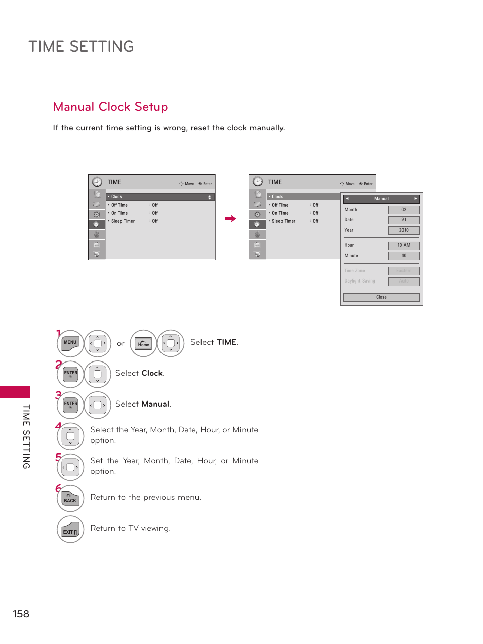 Manual clock setup, Time setting, Tim e s et tin g | LG 50PZ550 User Manual | Page 158 / 206