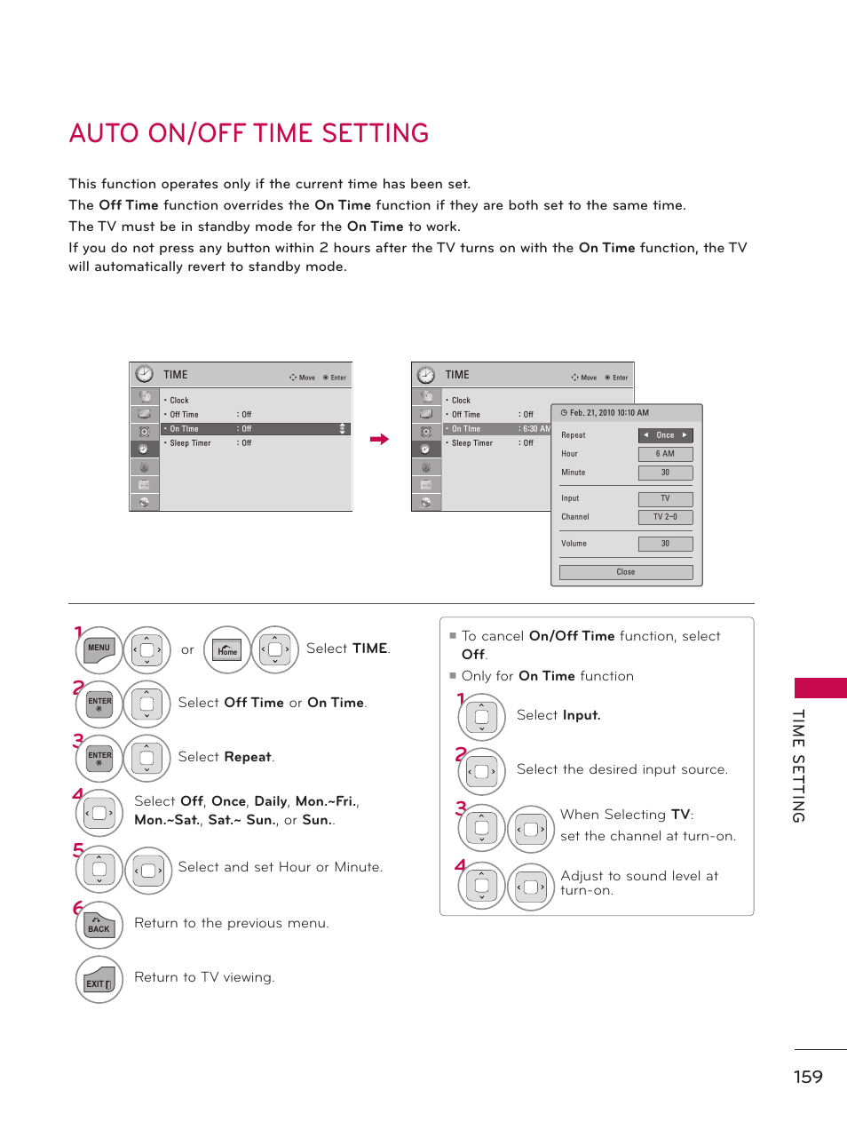 Auto on/off time setting, Tim e s et tin g | LG 50PZ550 User Manual | Page 159 / 206