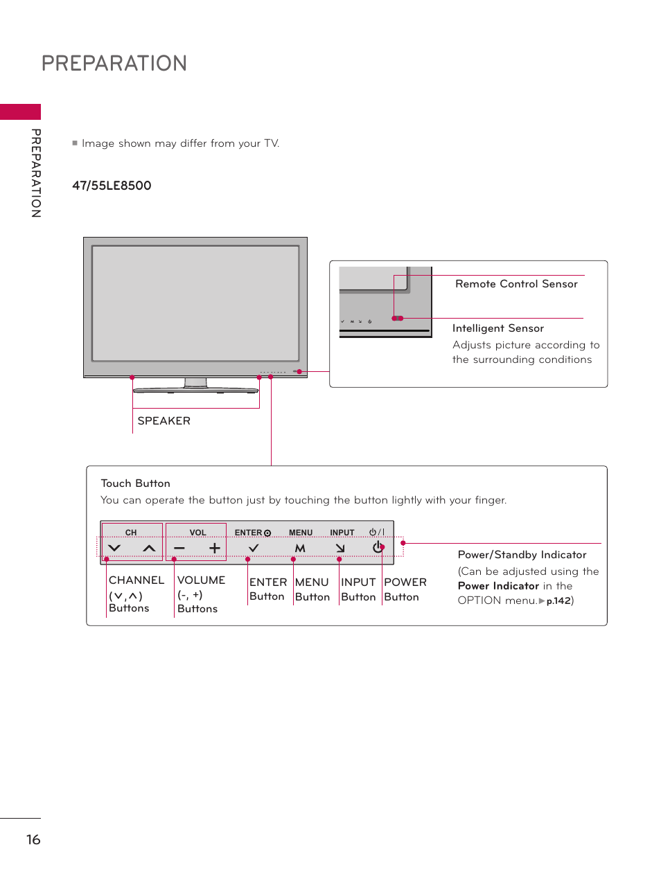 Preparation, Vol enter ch menu input | LG 50PZ550 User Manual | Page 16 / 206