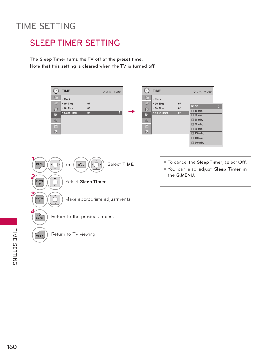 Sleep timer setting, Time setting, Tim e s et tin g | Or select time, Select sleep timer, Make appropriate adjustments, Return to the previous menu, Return to tv viewing, You can also adjust sleep timer in the q.menu | LG 50PZ550 User Manual | Page 160 / 206