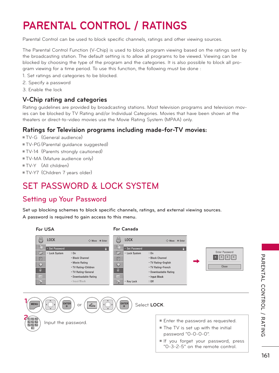 Parental control / ratings, Set password & lock system, Setting up your password | V-chip rating and categories, Tv-g (general audience), Tv-pg (parental guidance suggested), Tv-14 (parents strongly cautioned), Tv-ma (mature audience only), Tv-y (all children), Or select lock | LG 50PZ550 User Manual | Page 161 / 206