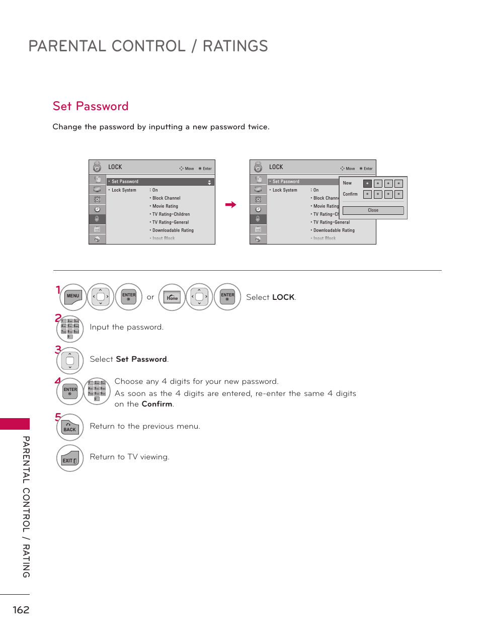 Set password, Parental control / ratings, Or select lock | Input the password, Select set password, Return to the previous menu, Return to tv viewing | LG 50PZ550 User Manual | Page 162 / 206