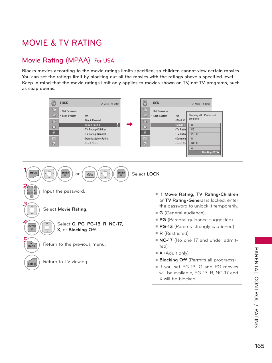 Movie & tv rating, Movie rating (mpaa)- for usa, Movie rating (mpaa) | For usa, Movie rating, Tv rating-children, Tv rating-general, G (general audience), Pg (parental guidance suggested), Pg-13 (parents strongly cautioned) | LG 50PZ550 User Manual | Page 165 / 206