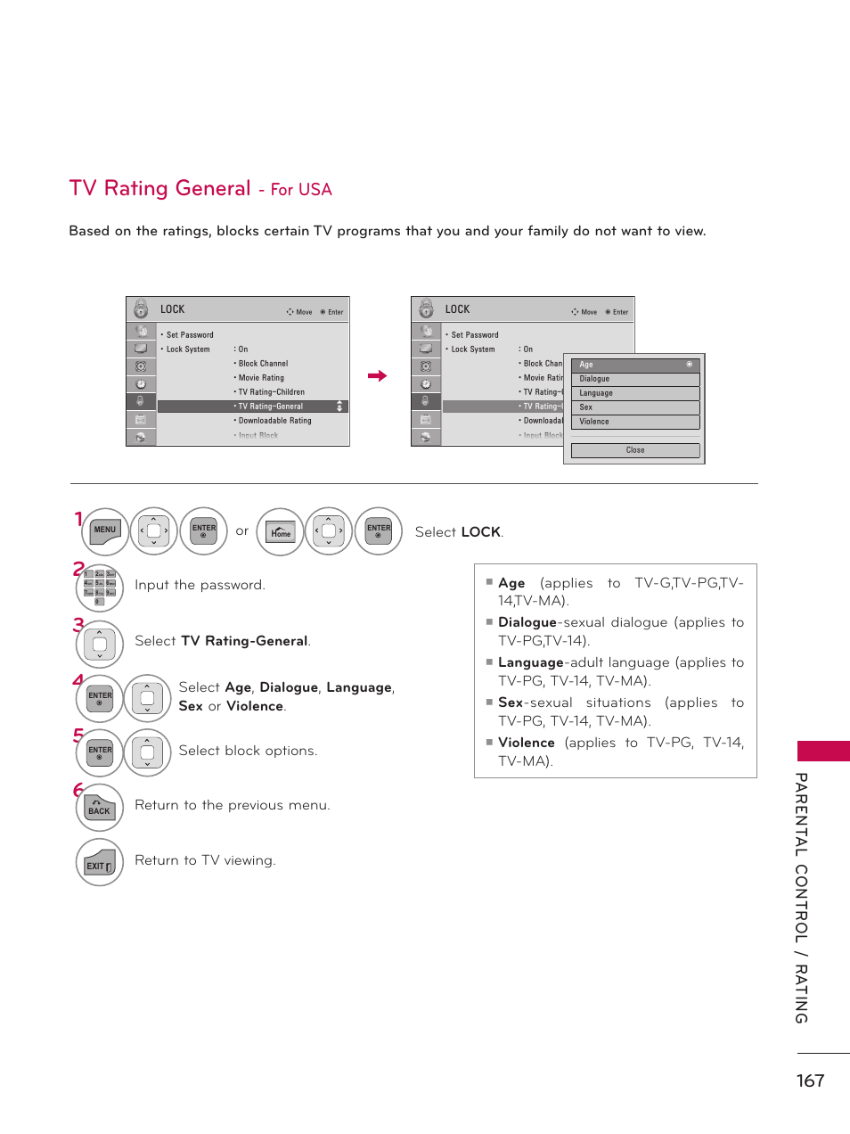 Tv rating general - for usa, Tv rating general, For usa | Age (applies to tv-g,tv-pg,tv- 14,tv-ma), Dialogue -sexual dialogue (applies to tv-pg,tv-14), Violence (applies to tv-pg, tv-14, tv-ma), Or select lock, Input the password, Select tv rating-general, Select age , dialogue , language , sex or violence | LG 50PZ550 User Manual | Page 167 / 206