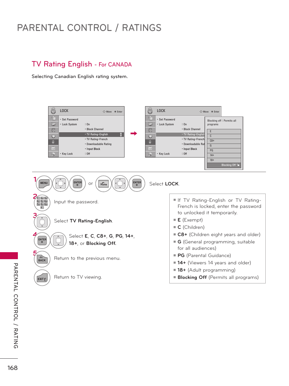 Tv rating english - for canada, Parental control / ratings, Tv rating english | For canada, Selecting canadian english rating system, Tv rating-english, Tv rating- french, E (exempt), C (children), C8+ (children eight years and older) | LG 50PZ550 User Manual | Page 168 / 206