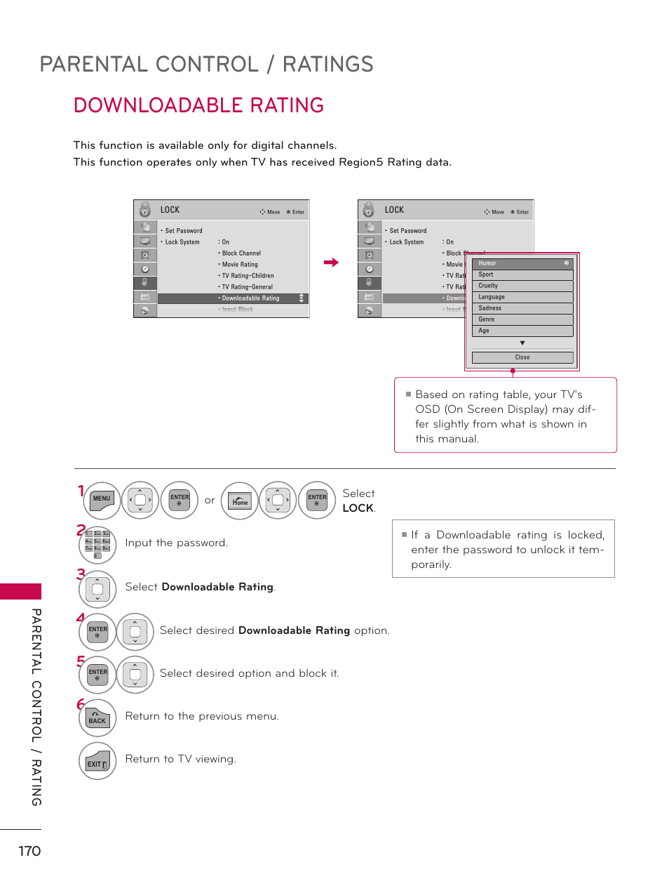 Downloadable rating, Parental control / ratings, Or select lock | Input the password, Select downloadable rating, Select desired downloadable rating option, Select desired option and block it, Return to the previous menu, Return to tv viewing | LG 50PZ550 User Manual | Page 170 / 206
