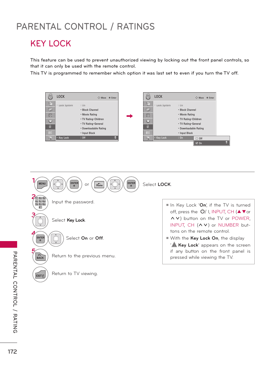Key lock, Parental control / ratings | LG 50PZ550 User Manual | Page 172 / 206