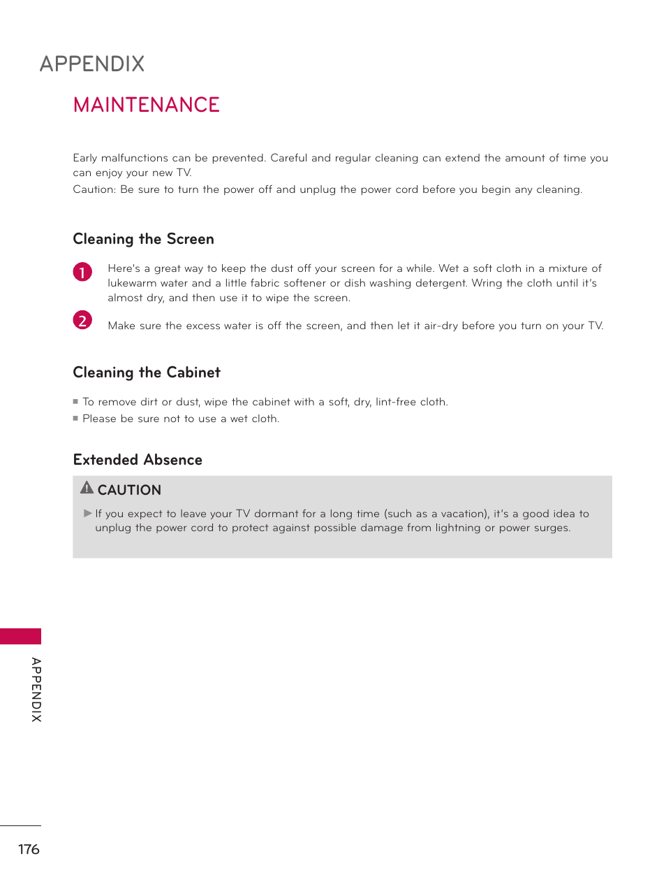 Maintenance, Appendix, Cleaning the screen | Cleaning the cabinet, Extended absence | LG 50PZ550 User Manual | Page 176 / 206