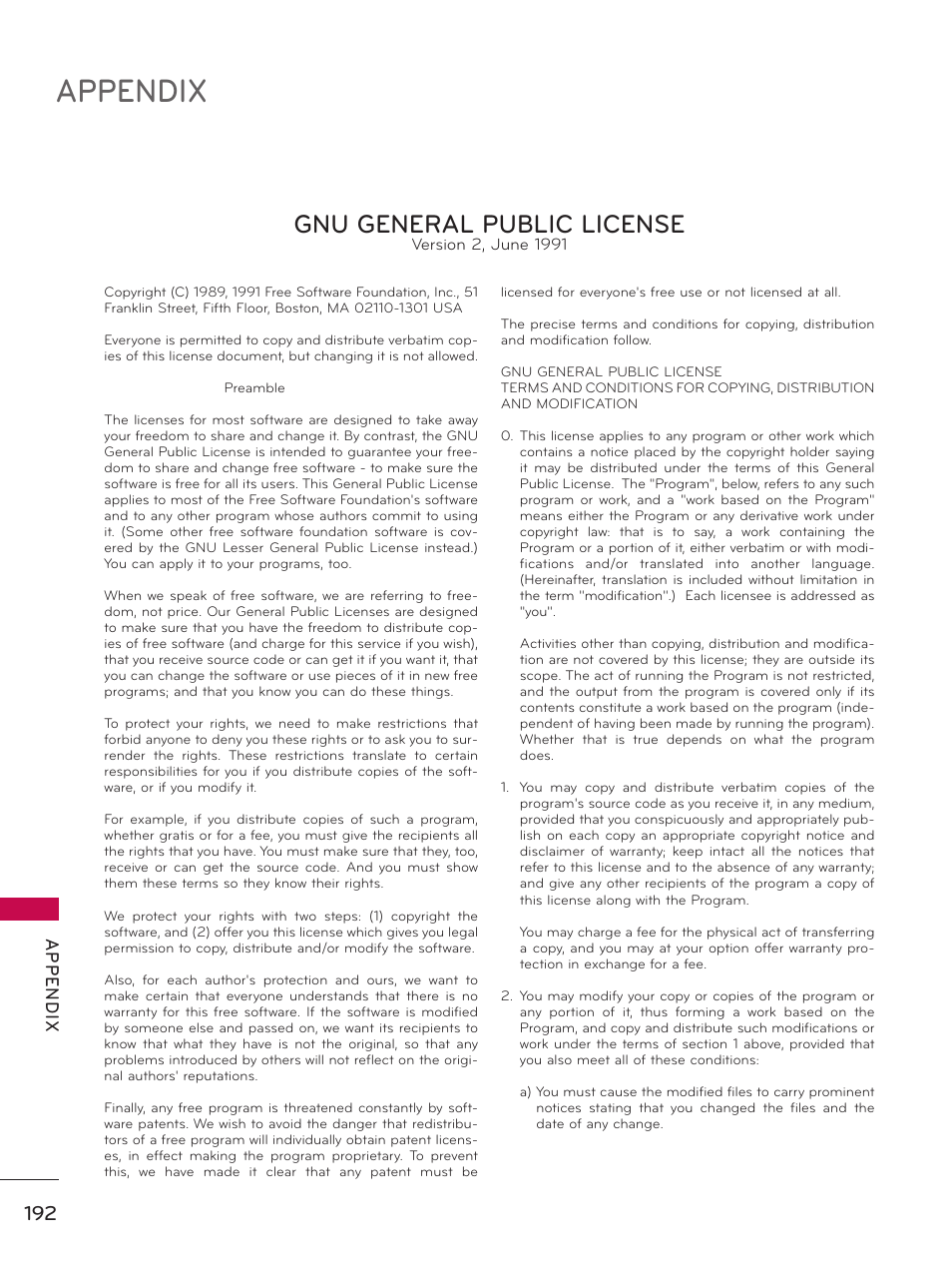 Appendix, Gnu general public license, Ap p en d ix | LG 50PZ550 User Manual | Page 192 / 206