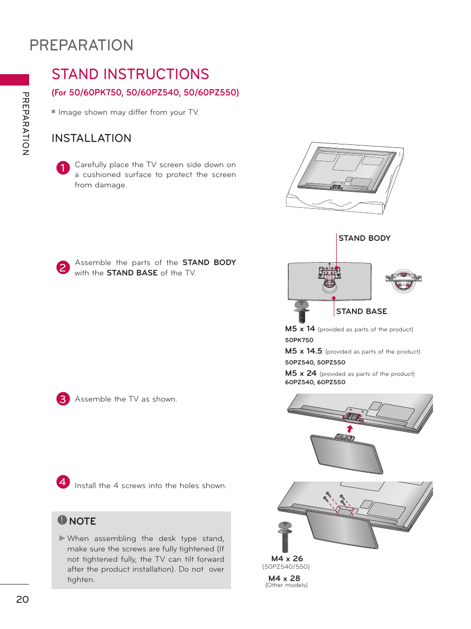 Stand instructions, Preparation, Installation | LG 50PZ550 User Manual | Page 20 / 206