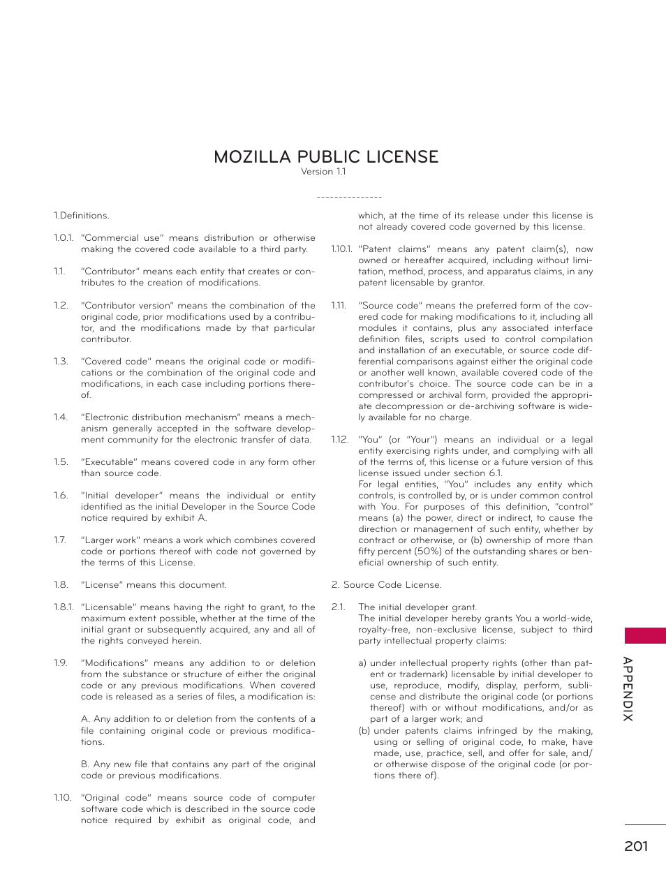 Mozilla public license, Ap p en d ix | LG 50PZ550 User Manual | Page 201 / 206