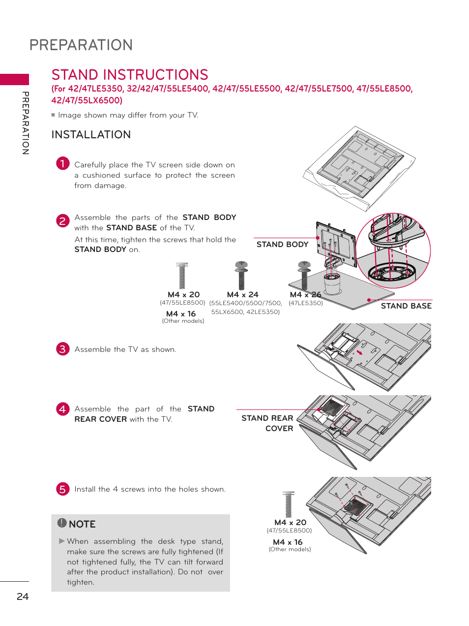 Preparation, Stand instructions, Installation | LG 50PZ550 User Manual | Page 24 / 206