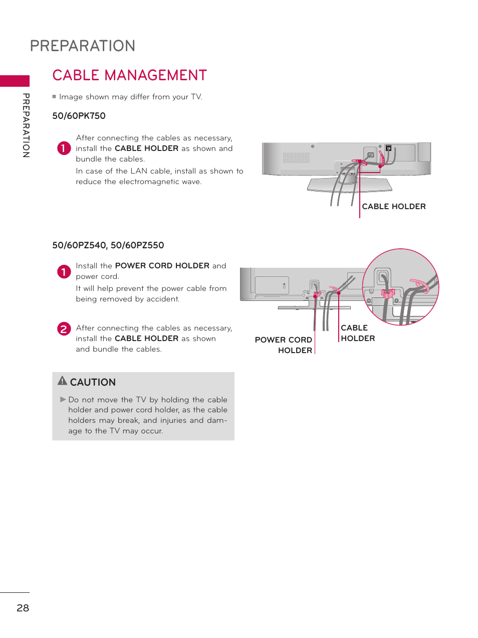 Cable management, Preparation | LG 50PZ550 User Manual | Page 28 / 206