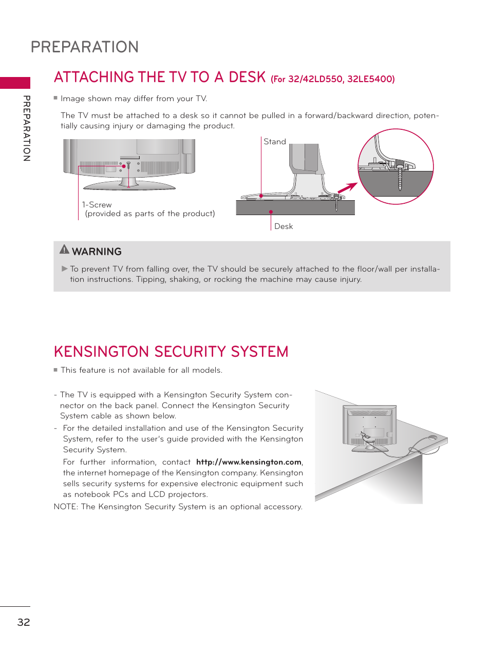 Attaching the tv to a desk, Kensington security system, Preparation | LG 50PZ550 User Manual | Page 32 / 206