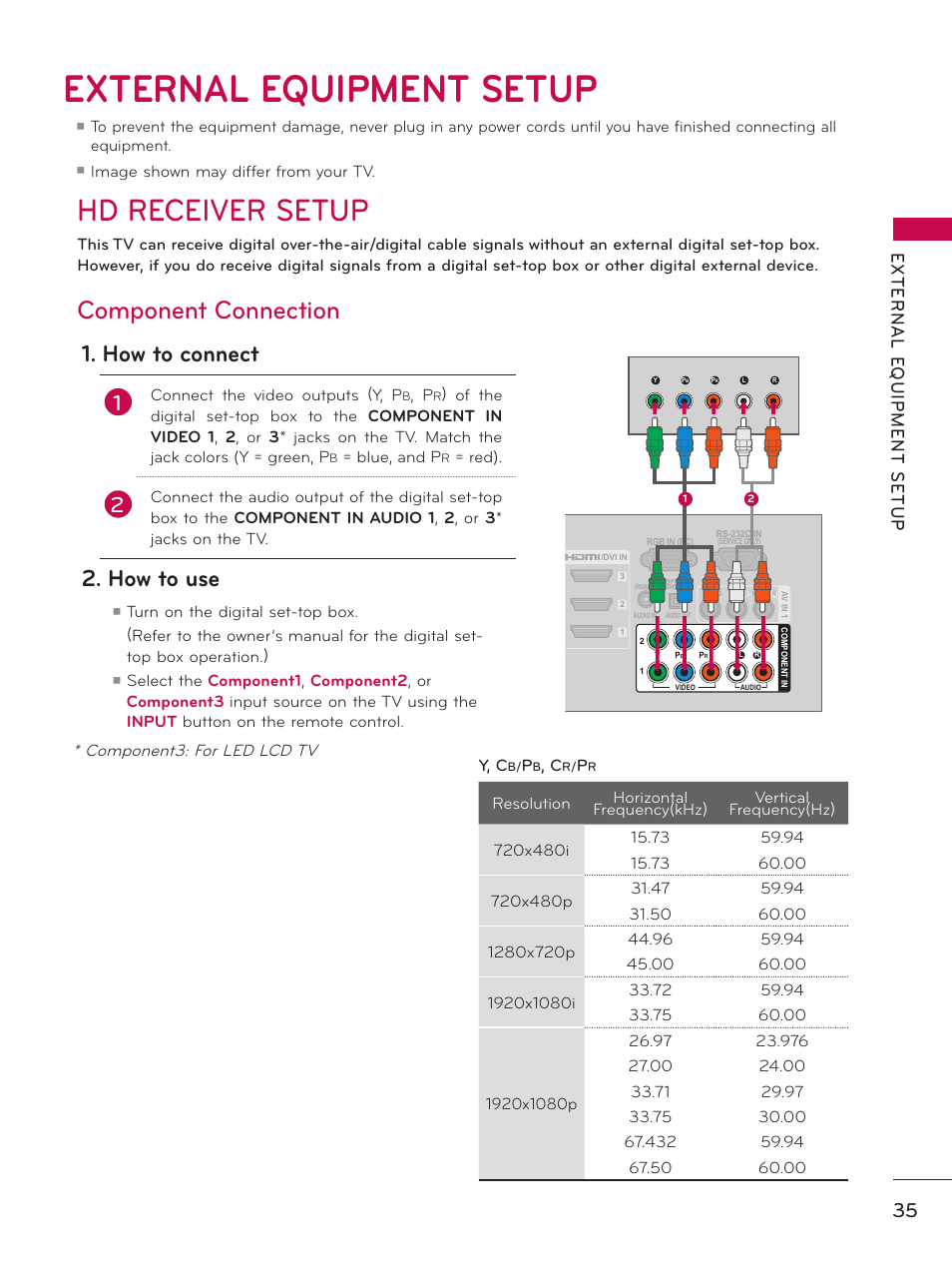 External equipment setup, Hd receiver setup, Component connection | How to connect, How to use, Component3: for led lcd tv, Image shown may differ from your tv, Connect the video outputs (y, p, Blue, and p, Red) | LG 50PZ550 User Manual | Page 35 / 206