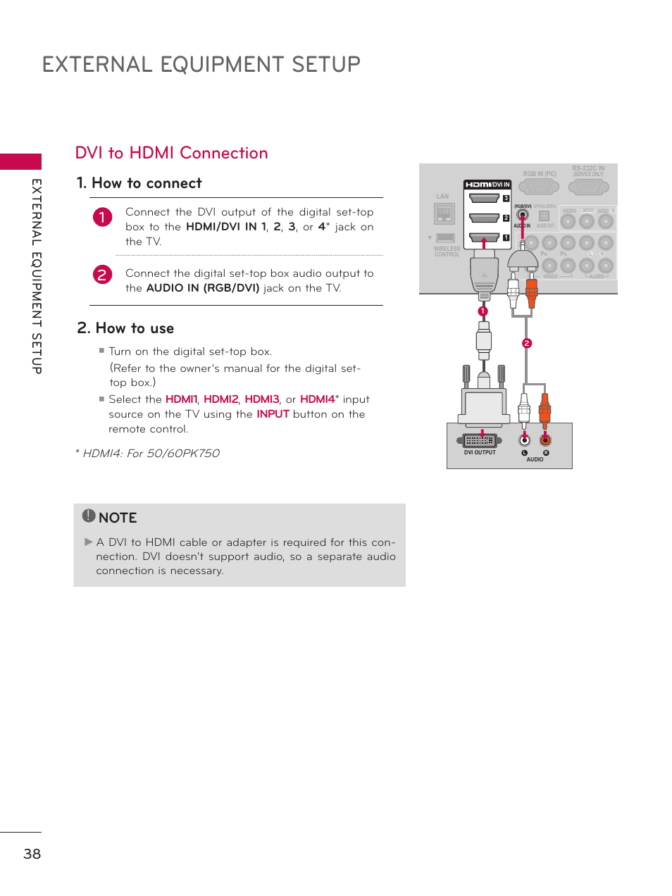 Dvi to hdmi connection, External equipment setup, How to connect | How to use | LG 50PZ550 User Manual | Page 38 / 206